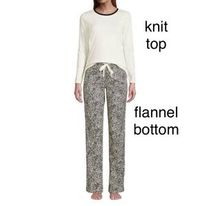 🔥LANDSEND WOMENS PJ SET Knit Tee Shirt Top/Cotton Flannel Pants Leopard Print